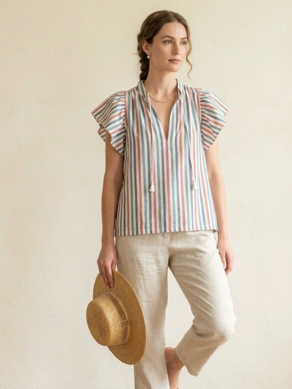 Trovata Striped Blouse Shirt Top Blue Red Short Flutter Sleeves Cottage Boho S - Picture 2 of 11